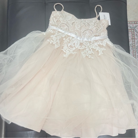 David's Bridal Sz 4 Flower Girl Dress Tulle, Lace & Rhinestone in IvyStone - Picture 1 of 8